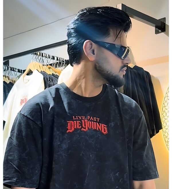 Live Fast Die Young – Acid Wash Embroidered Tee by ELONZE