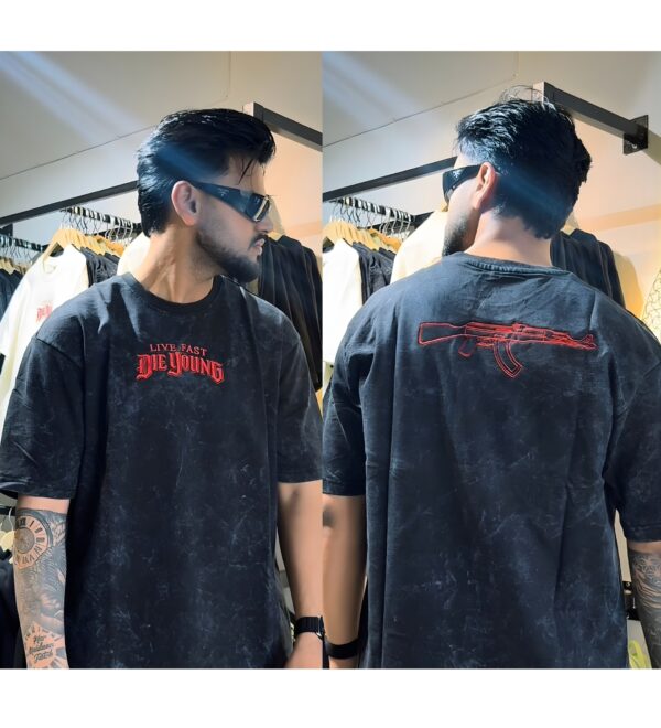 Live Fast Die Young – Acid Wash Embroidered Tee by ELONZE