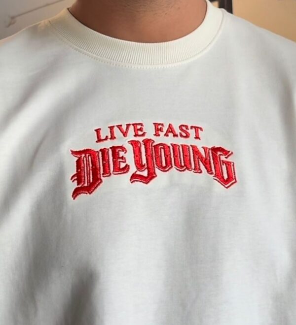 Live Fast Die Young Premium Oversized Embroidered T-Shirt – Off White | ELONZE