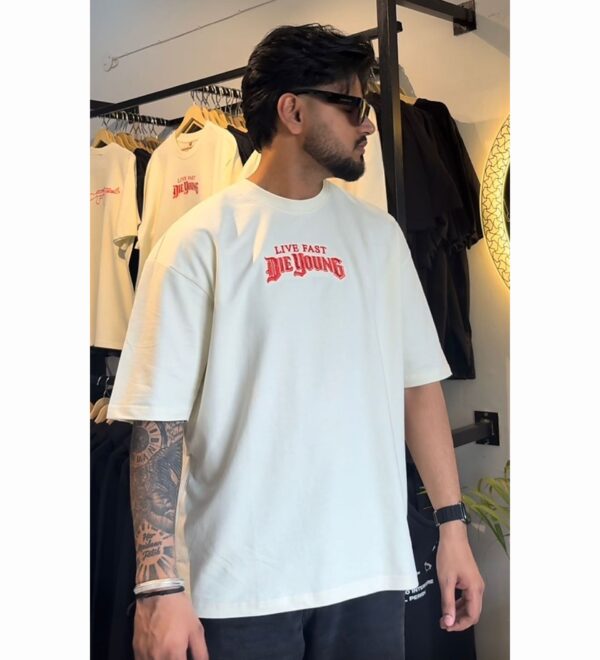 Live Fast Die Young Premium Oversized Embroidered T-Shirt – Off White | ELONZE