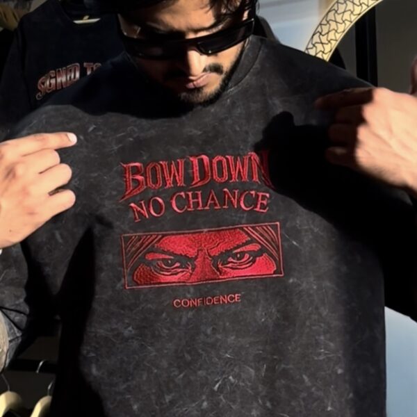 ELONZE “Bow Down No Chance” Acid Wash Oversized Tee – 240 GSM Premium Embroidery Streetwear Inspired by Sidhu Moose Wala