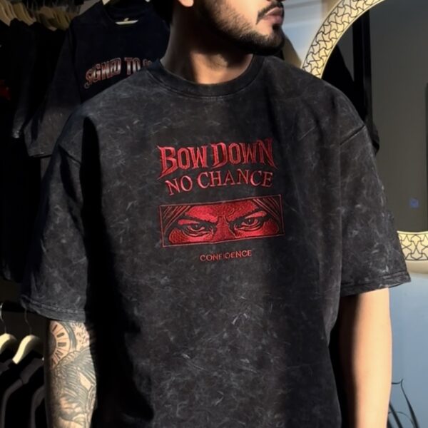 ELONZE “Bow Down No Chance” Acid Wash Oversized Tee – 240 GSM Premium Embroidery Streetwear Inspired by Sidhu Moose Wala
