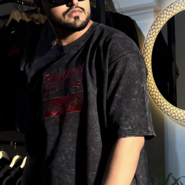 ELONZE “Bow Down No Chance” Acid Wash Oversized Tee – 240 GSM Premium Embroidery Streetwear Inspired by Sidhu Moose Wala